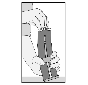 Illustration in grey and white showing the loading of the Speedmag using the integrated ar15 magazine loader