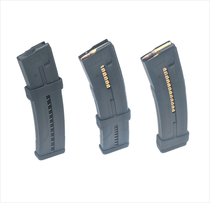 Three Speedmags shown side by at different loading points to demonstrate how the AR 15 magazine loader moves downward.
