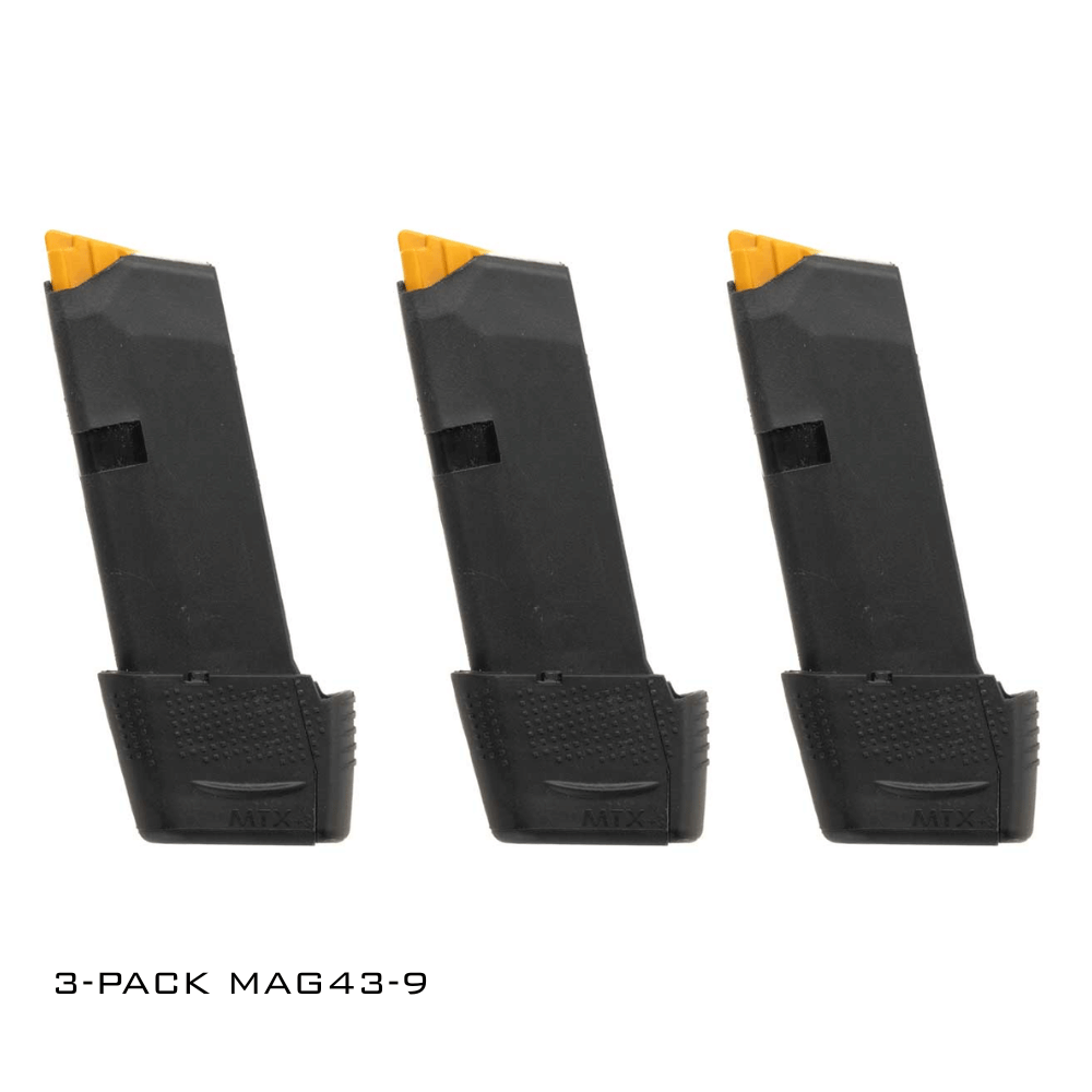 3 Glock 43 extended mags shown upright facing left