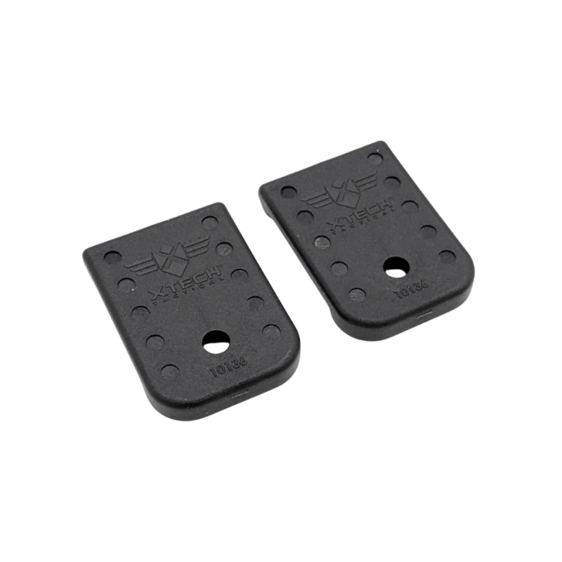Bottom of Xtech Enhanced baseplates for Glock magazines show dot matrix for marking magazines