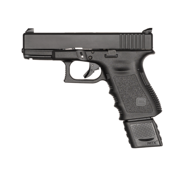 Glock 19 mag extender installed into pistol facing left