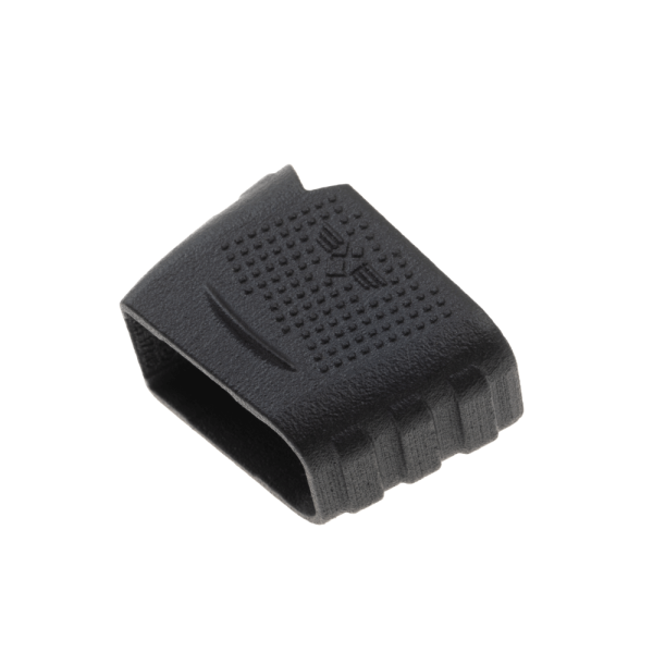 Glock 26 magazine sleeve for 17 round magazine facing right and down in black.