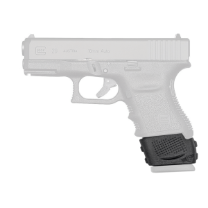 Glock 29 magazine adaptor shown installed in pistol in black. Pistol in transparent view