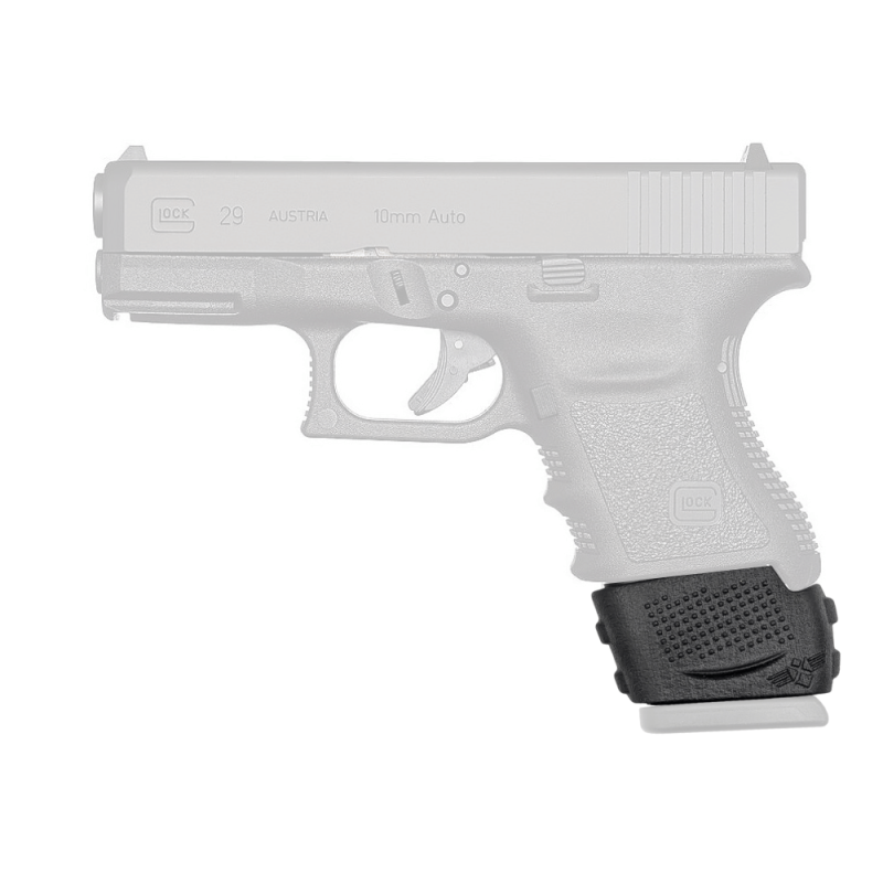 Glock 29 magazine adaptor shown installed in pistol in black. Pistol in transparent view
