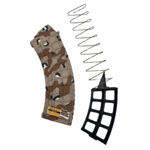 MAG47 Chocolate Chip Edition shown upright facing left with blocker and spring next to it