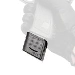 Glock 19 magazine extension shown installed into a pistol held by a user with a glove on.
