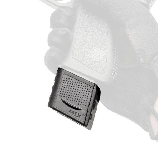 Glock 19 magazine extension shown installed into a pistol held by a user with a glove on.