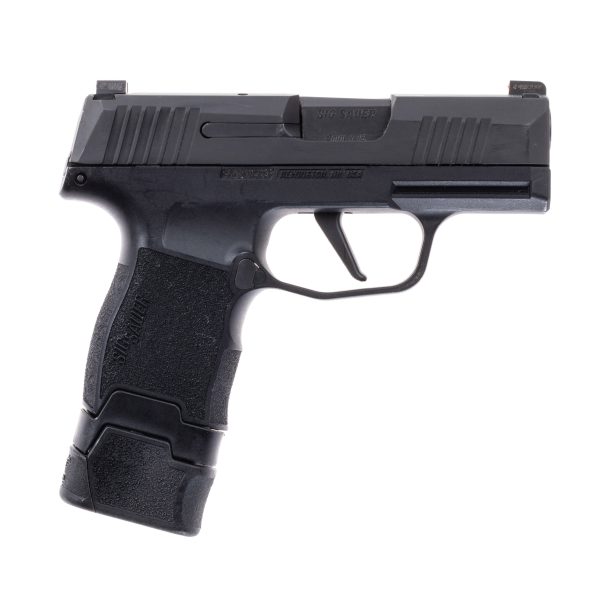 P365 Sig Sauer 9mm pistol shown with 12rd magazine and MTX 365 12 for a 15rd magazine set up. All parts in black facing right.