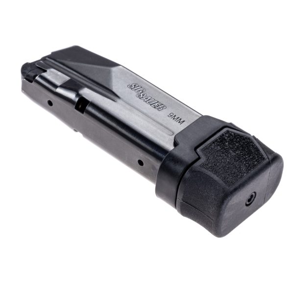 Sig Sauer P365 magazine facing left and angled back with MTX 365 12 installed. All parts are in black.