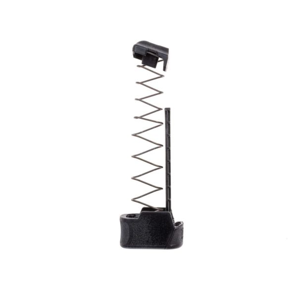 MTX 365 380 magazine extension for Sig Sauer P365 380 kit components shown upright facing right in black color. Includes extension, spring, follower and spring button.
