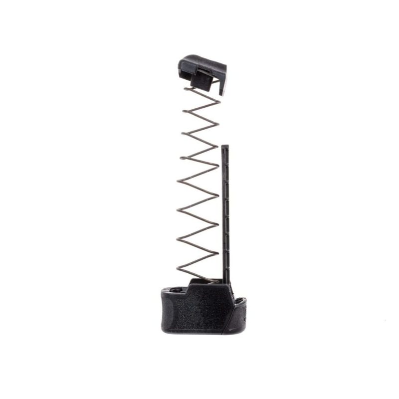 MTX 365 380 magazine extension for Sig Sauer P365 380 kit components shown upright facing right in black color. Includes extension, spring, follower and spring button.