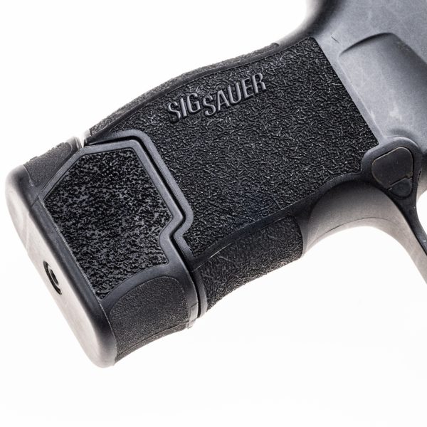MTX 365 installed on P365 showing back half of pistol facing left. All parts are in black focusing on the texture and high quality finish of the MTX 365.