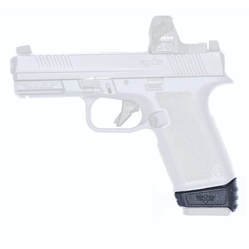 RXM mag extension in black shown on transparent pistol facing left.