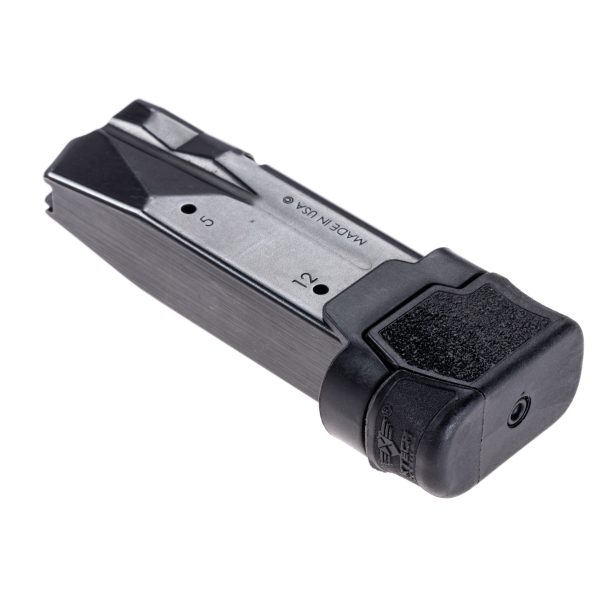 Sig Sauer P365 magazine with XTech Tactical MTX +3 installed into magazine facing rate and rotated slightly to the left. Showing base plate and spring button to disassemble for cleaning