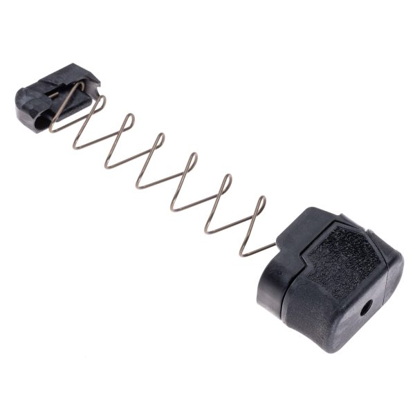 Internal parts for the 15rd extended P365 magazines showing include spring, follower, sleeve, and extension housing. Facing upright and angled left