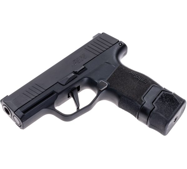 15rd Extended Magazine for P365 shown in P 365 pistol facing left and downward. All parts facing downward