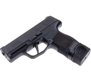 15rd Extended Magazine for P365 shown in P 365 pistol facing left and downward. All parts facing downward