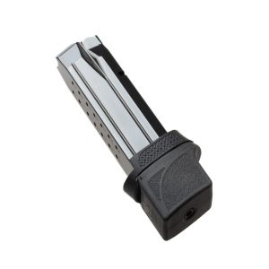 M&P 9 Compact extended magazine facing right and angled back. All parts in black.