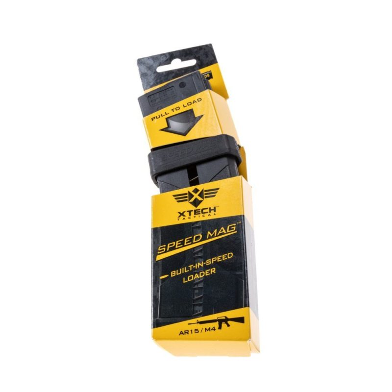 Speedmag - Title Shown in Packaging - XTT-110 XTech Tactical Speedmag in packaging upright and angle right. Packaging displays to pull down on the built in AR 15 Magazine loader to load the magazine