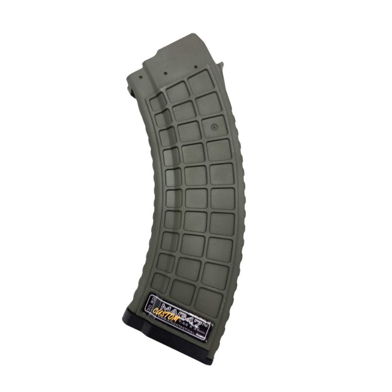OD Green AK47 magazine An OD green, curved 30-round AK47 mag with a textured grid pattern and a small black and yellow label at the bottom displaying the brand name XTech MAG47 Gen2.