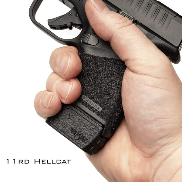 Grip extension on the Springfield Hellcat in black facing left