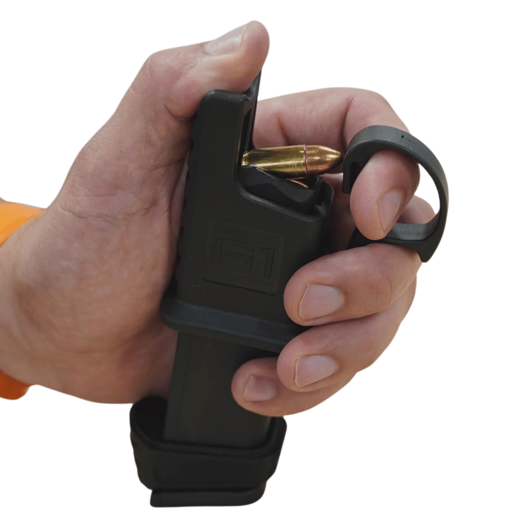 LDR 2000 G1 magazine loader for Glock double stack magazines shown in use in hand.