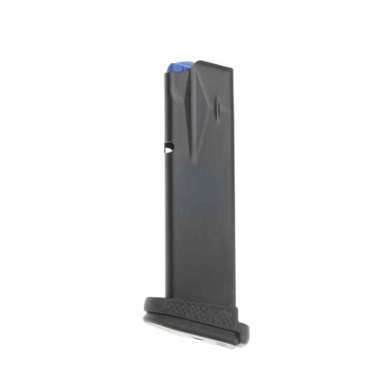 Walther PDP 18rd & MAG-ADAPT WPC-18 title image Walther PDP Compact 18 round magazine with magazine sleeve upright facing left.